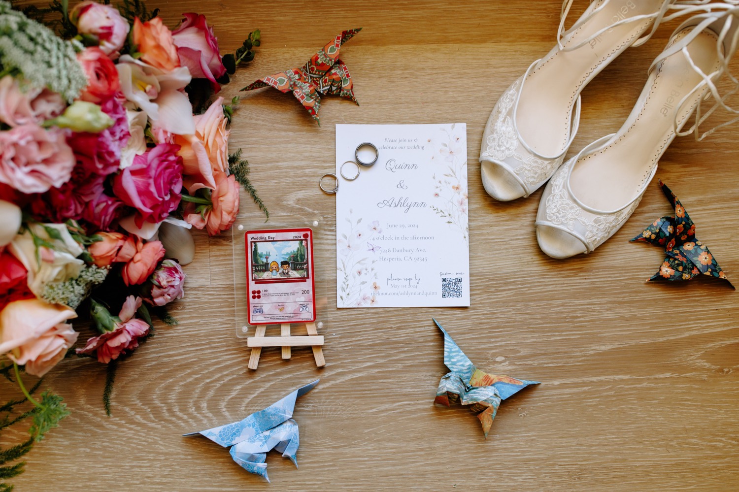 personalized wedding details; wedding pokemon card; origami birds for wedding; wedding invitation suite