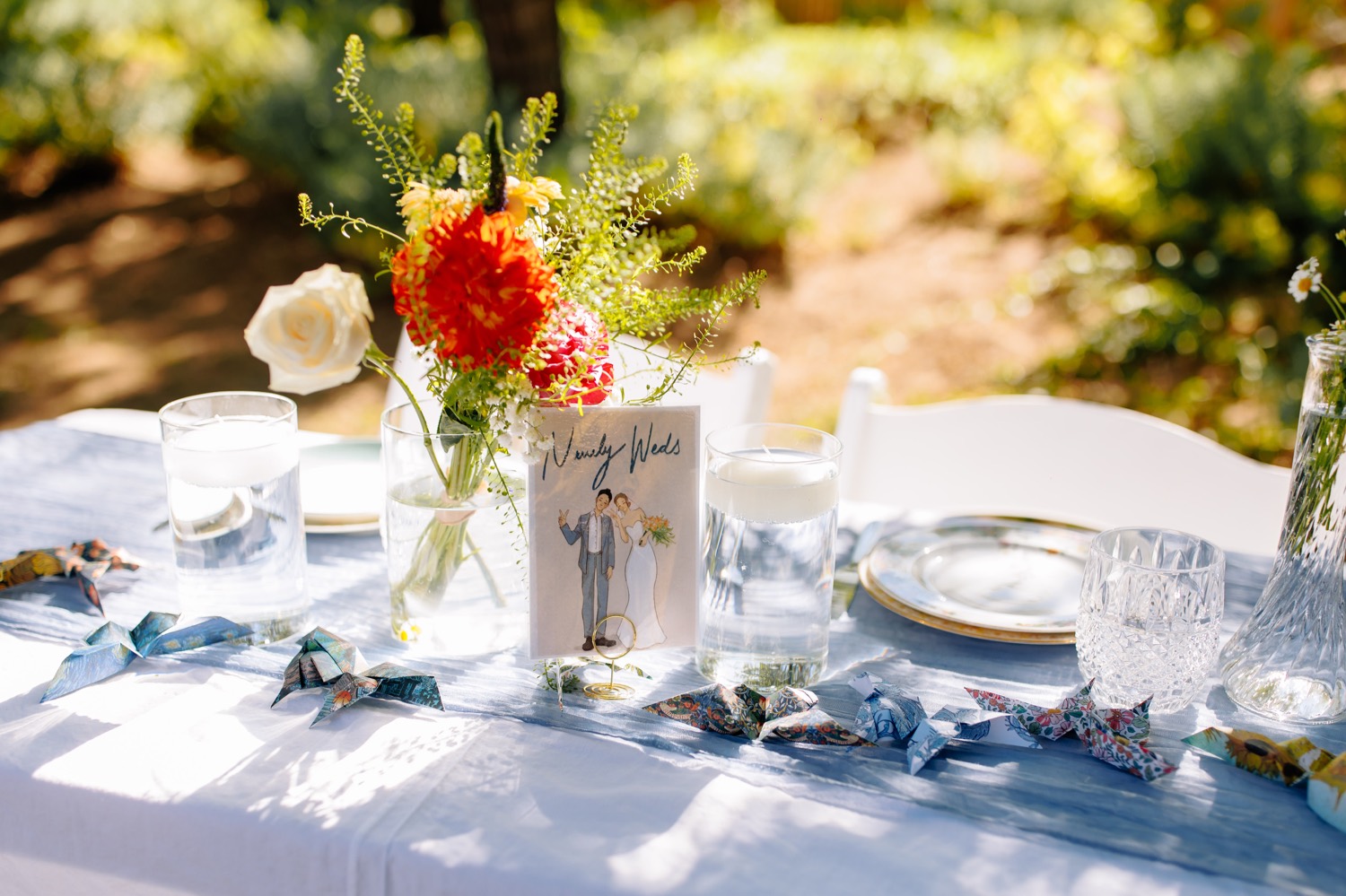 at home wedding in california; vintage blue wedding design; tablescape decor