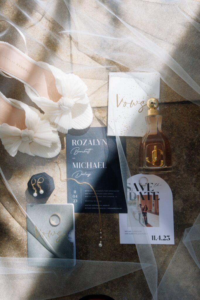 Detail shot of bridal accessories at a fall wedding in SoCal