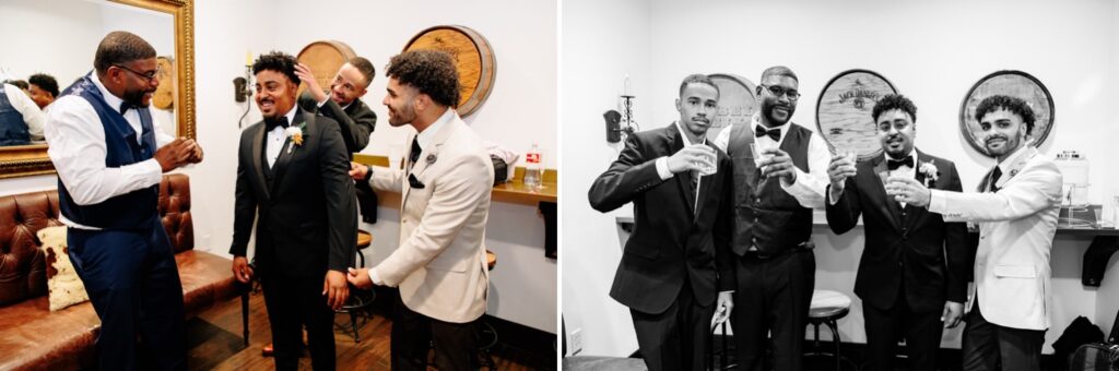 groom getting ready with groomsmen at a fall wedding in SoCal